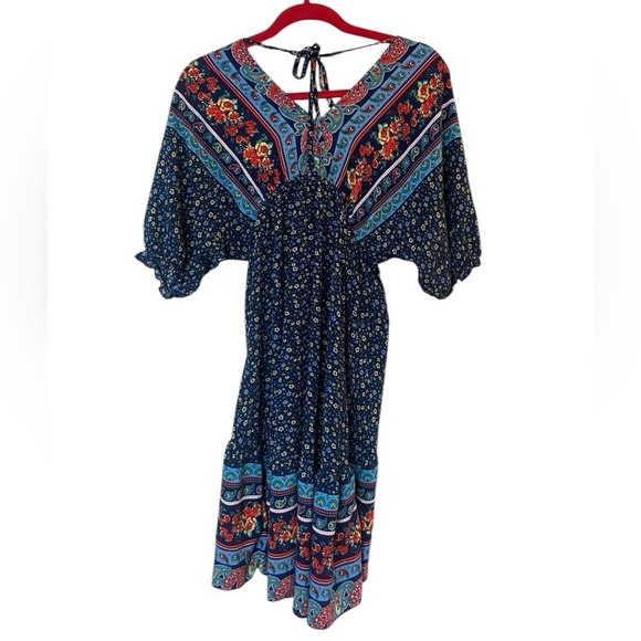 Blue Floral V-Neck Short Sleeve Dress Medium - Picture 4 of 14